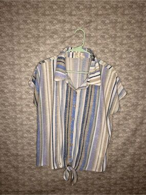 Women’s Tea Please XL blue and white striped button up blouse with tie detail